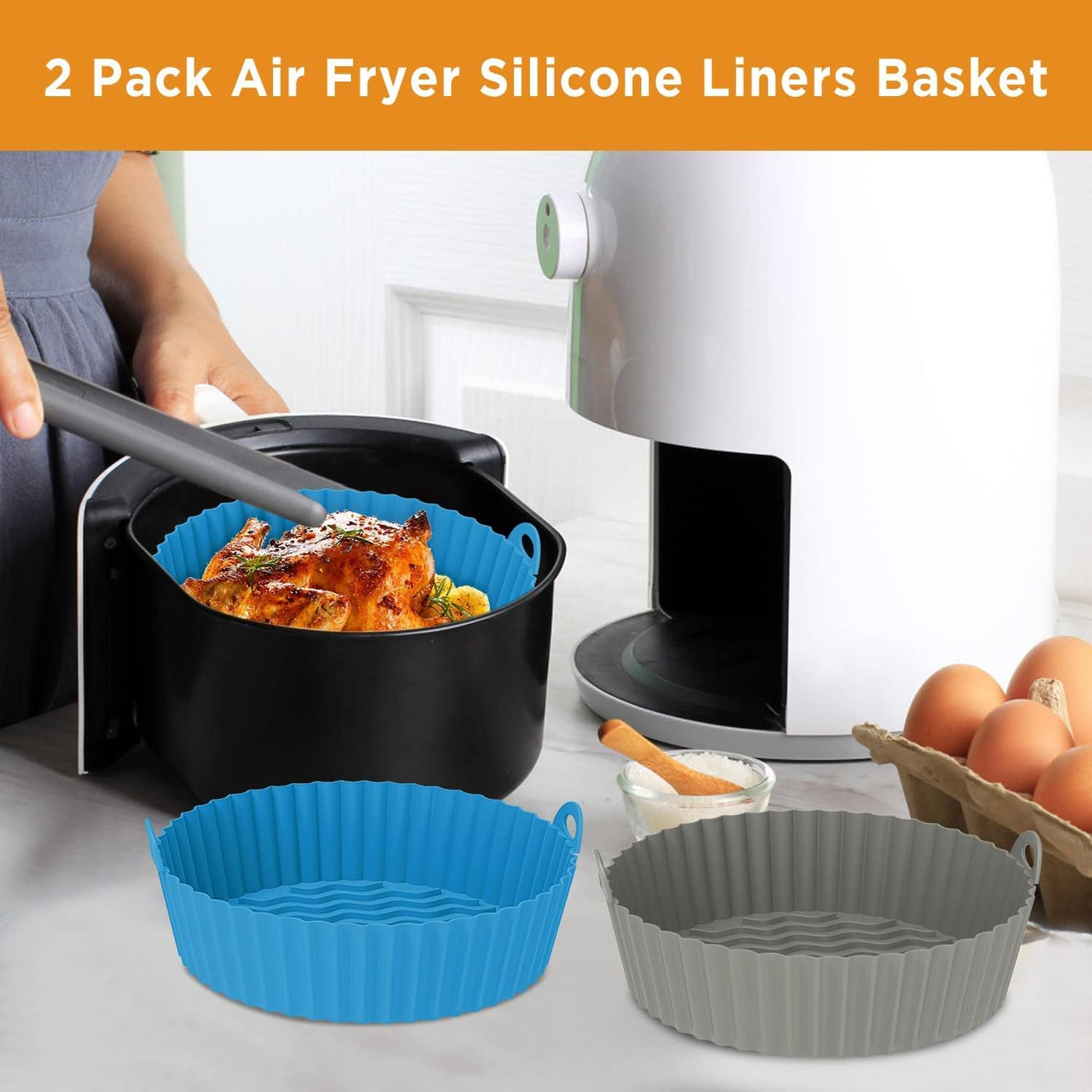 OUTXE Silicone Air Fryer Liners, 2-Pack Reusable Airfryer Basket Tray Accessories Round Compatible With Ninja Cosori Gourmia Instant Pot 5.8/6/7/8/9 qt (Blue+Gray)