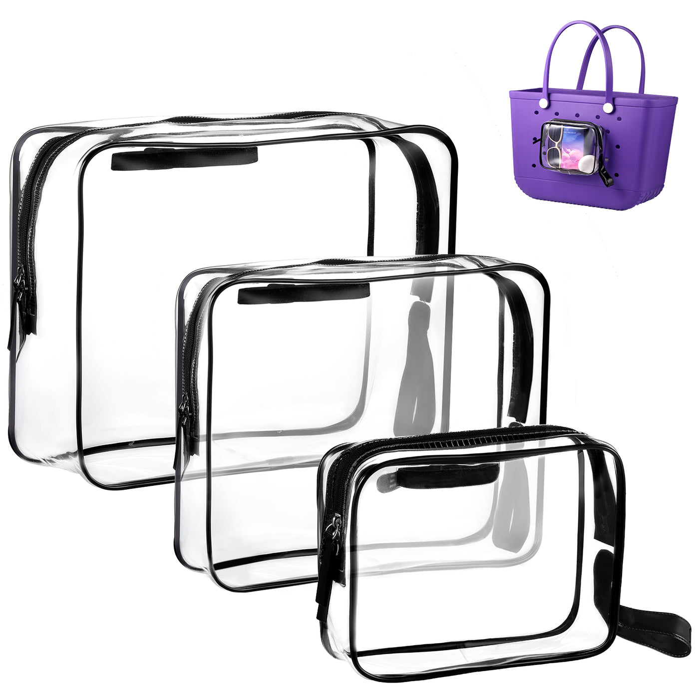 OUTXE 3 Pack Clear Insert Bag for Bogg Bag Accessories, Zipper Insert Pouch for Bogg Bag, Waterproof Clear Inner Bags Compatible with Bogg Bag, Clear Divider Organizer Inserts Bag for Beach Tote Bag