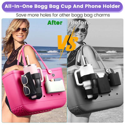 OUTXE Bogg Bag Cup and Phone Holder, Large Cup Holder Attachment for 40 oz Stanley Compatible with All Bogg Bag, 30 oz Water Bottle Holder with Cell Phone Insert for Simply Southern Beach Totes