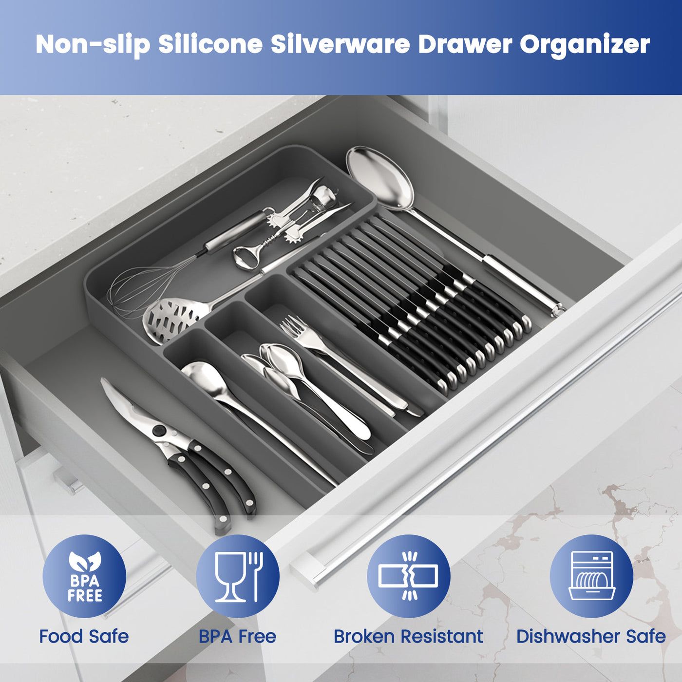 OUTXE Silicone Silverware Drawer Organizer, Non-Slip Utensil Organizer for Kitchen Drawers, Cutlery Tray with Extra Knife Block, 4 Compartments Flatware Organizer for Spoon and Fork, Grey