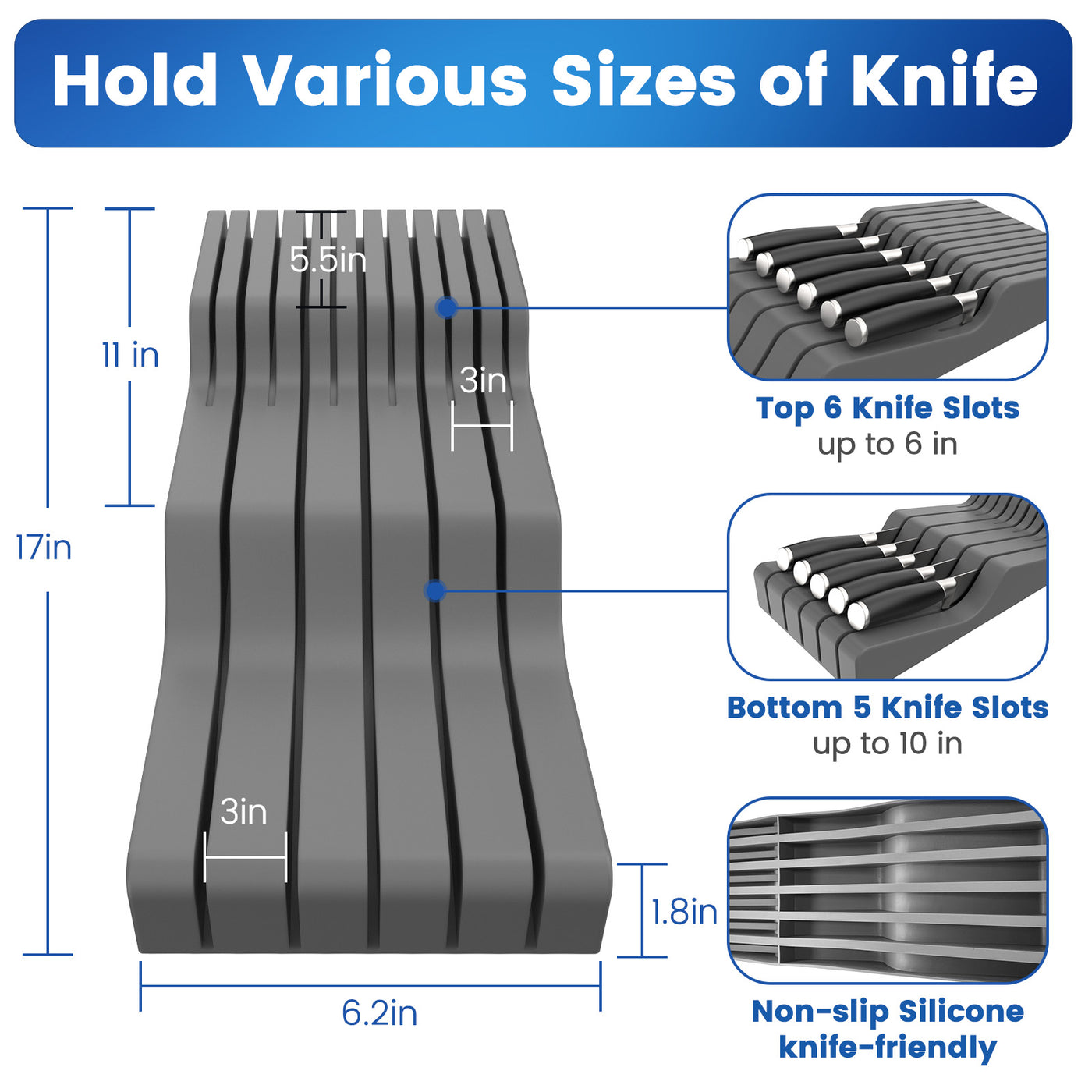 Knife Drawer Organizer Silicone Holds 11 knives (Not Included), in Drawer Knife Block Organizer, Knife-friendly & Dishwasher-safe Kitchen Organization Drawer Storage – Compact, Grey