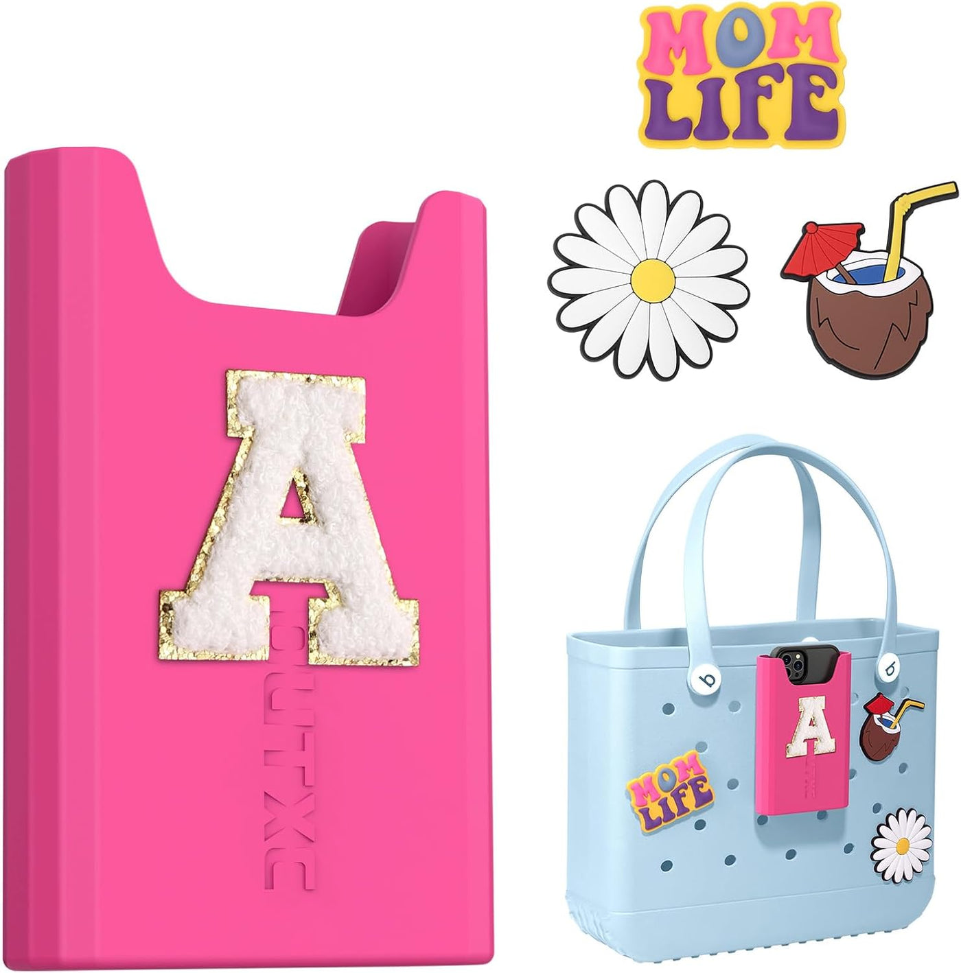 OUTXE Bogg Bag Accessories Phone Holder with Letter Charms, Silicone Cell Phone Holder Compatible with All Bogg Bags, Mom Life Bogg Bag Charms Accessories Set for Beach Tote Bags, Letter A Hot Pink