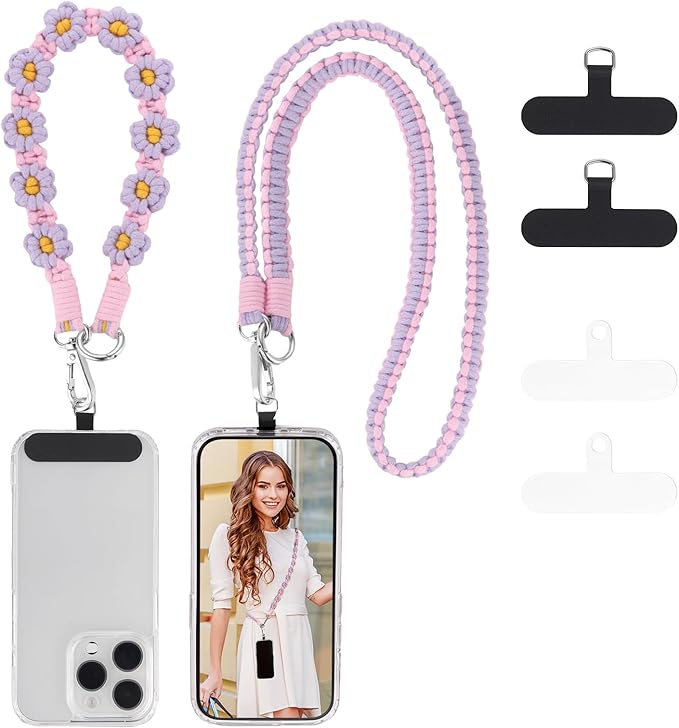 OUTXE Boho Macrame Phone Lanyard, 3-in-1 Detachable Cell Phone Lanyard with 4 Pack Tab, Handmade Daisy Strap for Women