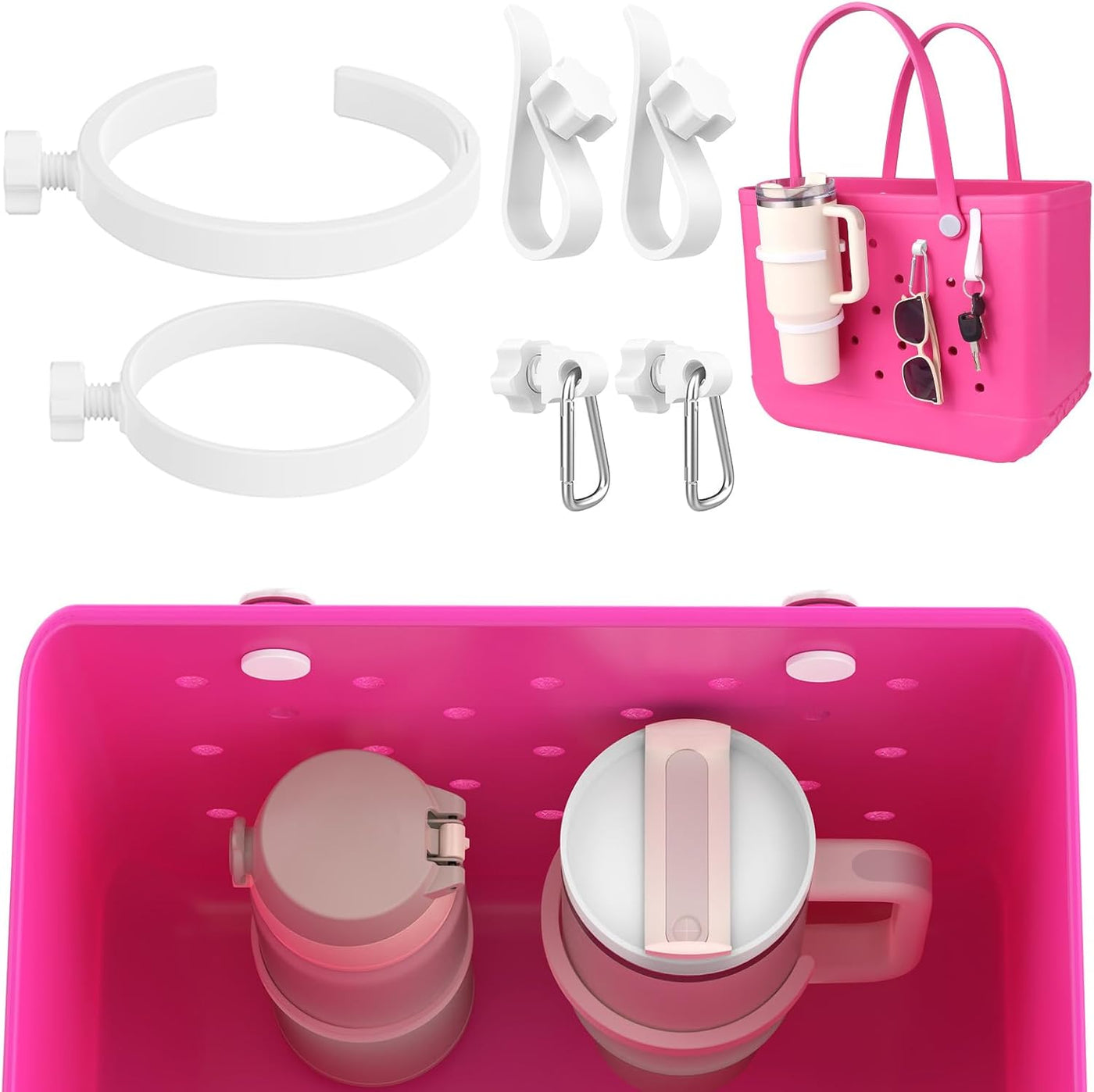 OUTXE 2 Pack Cup Holder & 4Pcs Inserts I-Shaped Hooks with Carabiner for Bogg Bag, Fits 16-40oz Stanley, Insert Drink Holder Attachment Compatible with All Bogg Bags & Simply Southern Beach Bag