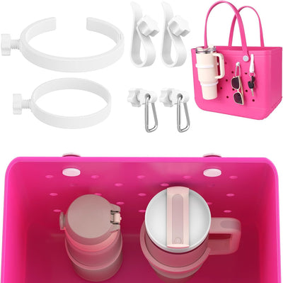 OUTXE 2 Pack Cup Holder & 4Pcs Inserts I-Shaped Hooks with Carabiner for Bogg Bag, Fits 16-40oz Stanley, Insert Drink Holder Attachment Compatible with All Bogg Bags & Simply Southern Beach Bag