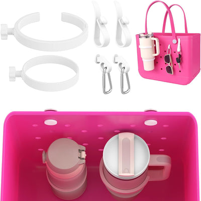 OUTXE 2 Pack Cup Holder & 4Pcs Inserts I-Shaped Hooks with Carabiner for Bogg Bag, Fits 16-40oz Stanley, Insert Drink Holder Attachment Compatible with All Bogg Bags & Simply Southern Beach Bag