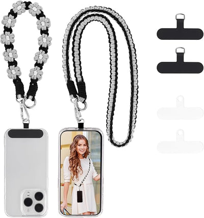 OUTXE Boho Macrame Phone Lanyard, 3-in-1 Detachable Cell Phone Lanyard with 4 Pack Tab, Handmade Daisy Strap for Women