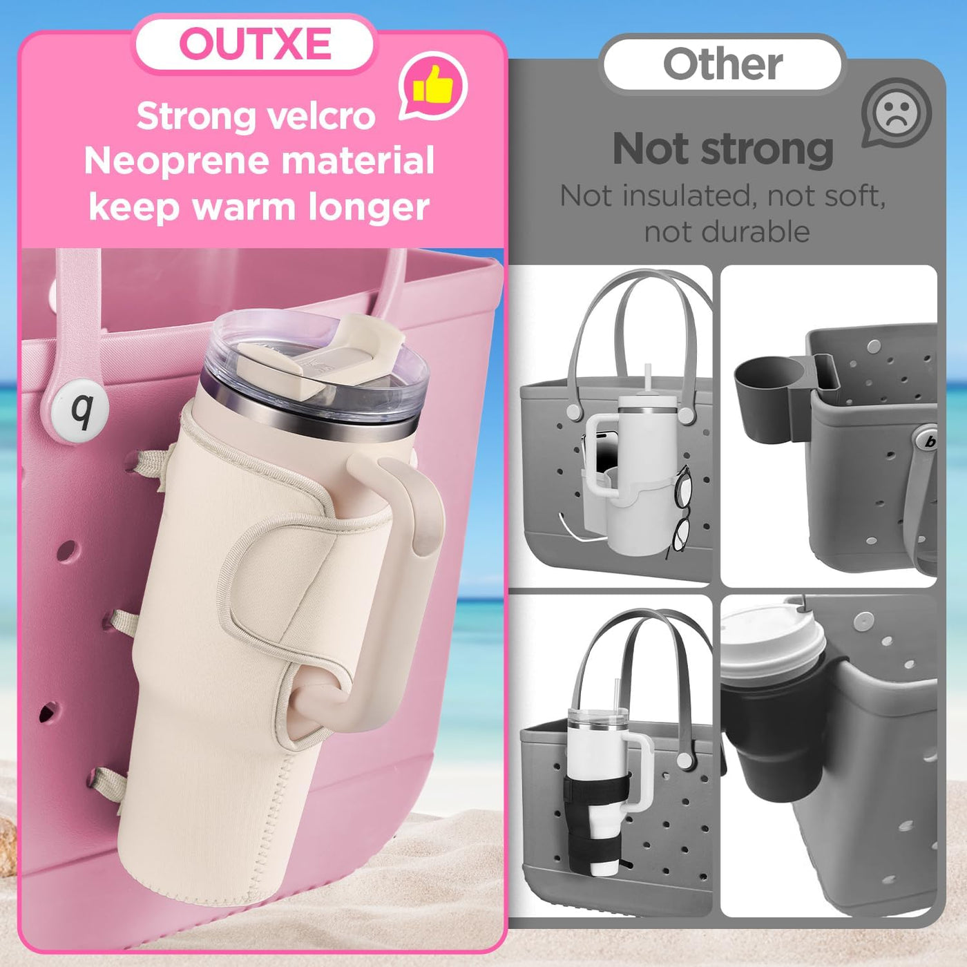 OUTXE 2 Pack Bogg Bag Cup Holder for Stanley 40/30 oz, Large Drink Holder Attachment with Phone Pouch Key Hook, Water Bottle Accessories for All Bogg Bag Simply Southern Simple Modern Tote Beach Bag