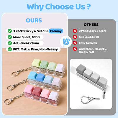 3 Pack Keyboard Fidget Toy – Clicky, Creamy & Silent Stress Relief Fidget Clicker Keychain – Quiet Fidget Toys for Adults, Boost Focus & Calm Anxiety at Work, Travel – Ideal Stress-Relief Gift