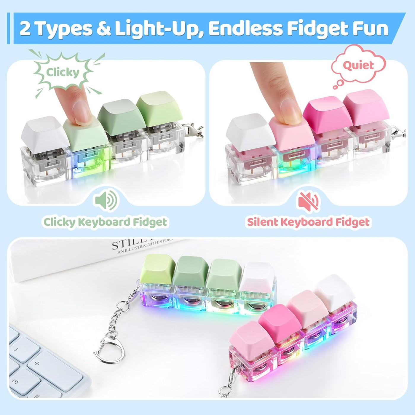 2 Pack Keyboard Fidget Toy Light Up – Clicky & Silent Keyboard Clicker ...