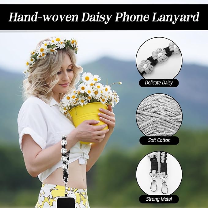 OUTXE Boho Macrame Phone Lanyard, 3-in-1 Detachable Cell Phone Lanyard with 4 Pack Tab, Handmade Daisy Strap for Women