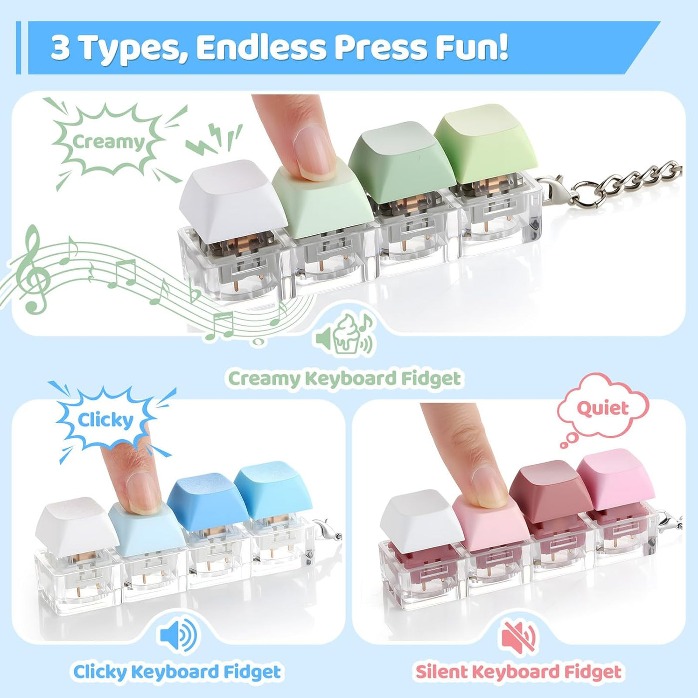 3 Pack Keyboard Fidget Toy – Clicky, Creamy & Silent Stress Relief Fidget Clicker Keychain – Quiet Fidget Toys for Adults, Boost Focus & Calm Anxiety at Work, Travel – Ideal Stress-Relief Gift