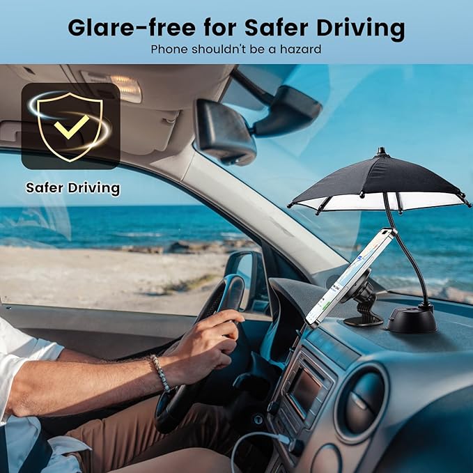 OUTXE Car Phone Umbrella for Sun, Suction Cup Phone Umbrella for iPhone/Android, 360°Adjustable Cellphone Sun Shade for Car Dashboard, Vent