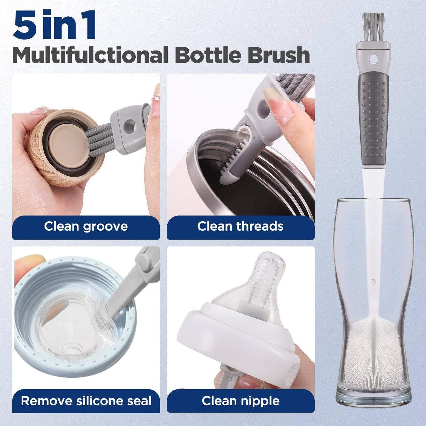 OUTXE 4 Pack Bottle Brush Set, 5-in-1 Water Bottle Cleaner Brush, 13.5“ Travel Bottle Cleaning Brush, 11“ 7“ Straw Brush for Stanley, Removable Nipple Brush, Detail Brush for Cup Lid Gap