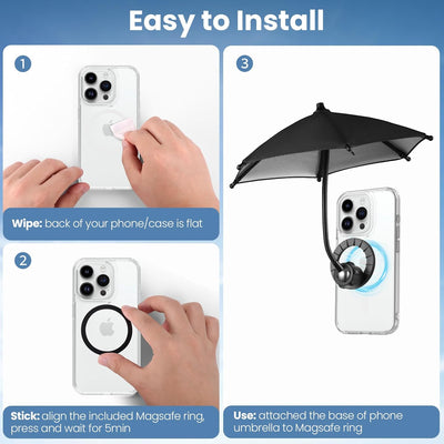 OUTXE Magnetic Phone Umbrella, Universal Mini Tanning Sun Shade Cover Compatible with Magsafe Cell iPhone/Android/iPad/Kindle (Black)