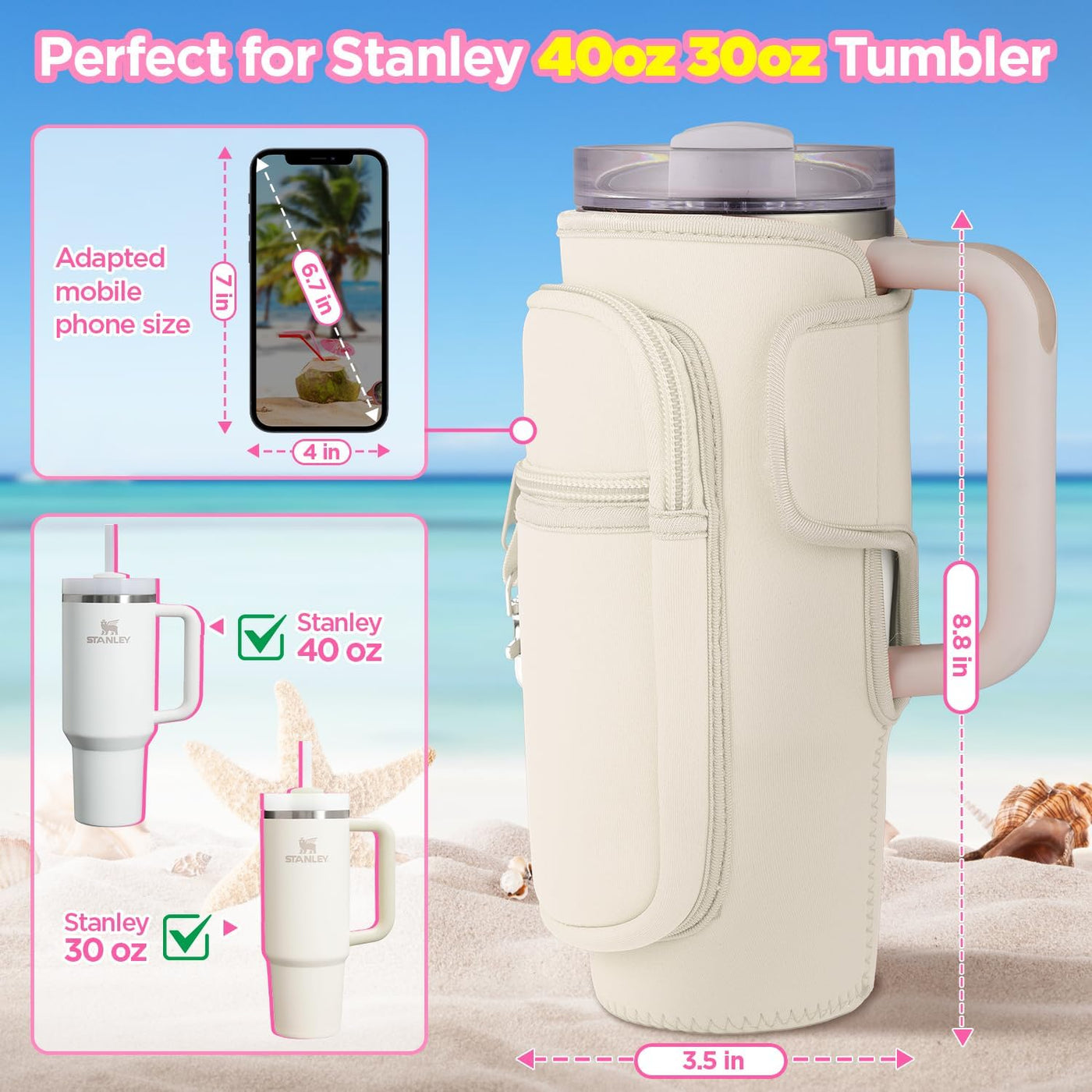 OUTXE 2 Pack Bogg Bag Cup Holder for Stanley 40/30 oz, Large Drink Holder Attachment with Phone Pouch Key Hook, Water Bottle Accessories for All Bogg Bag Simply Southern Simple Modern Tote Beach Bag