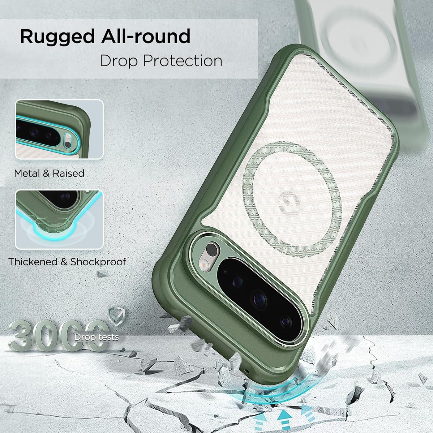 OUTXE Case for Google Pixel 9 Pro XL Clear Non-Yellowing, Built-in Magnetic Ring Shockproof Transparent Phone Cover, Compatible with Magsafe Pixel9 ProXL 6.8 inches (Green)