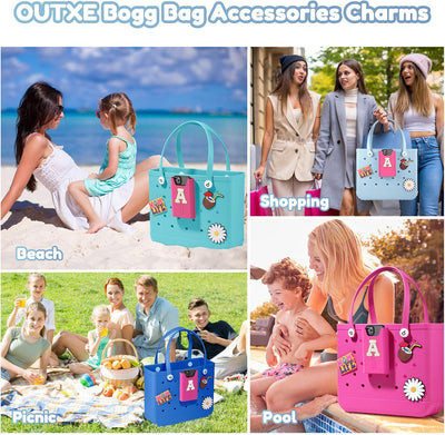 OUTXE Bogg Bag Accessories Phone Holder with Letter Charms, Silicone Cell Phone Holder Compatible with All Bogg Bags, Mom Life Bogg Bag Charms Accessories Set for Beach Tote Bags, Letter A Hot Pink