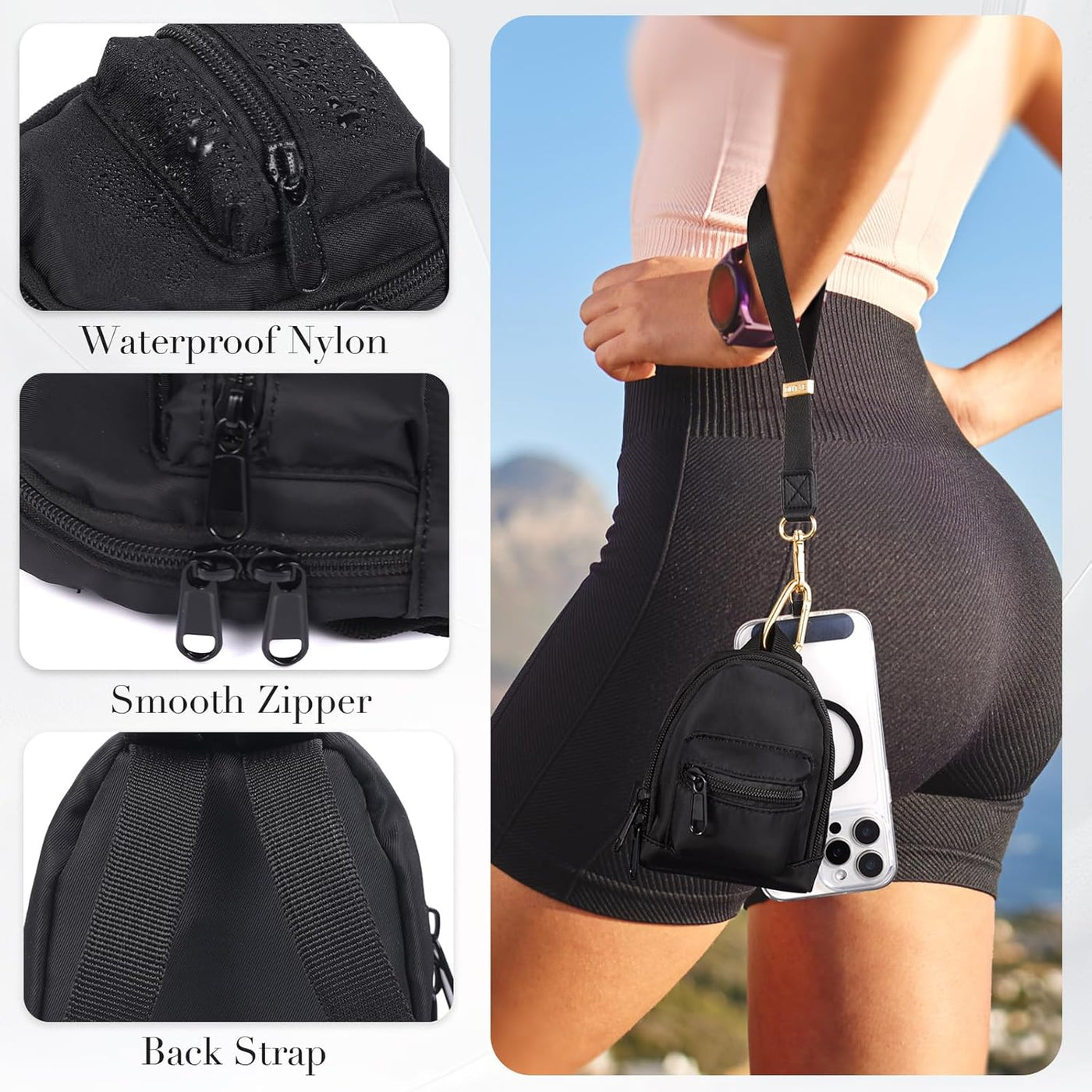 OUTXE Mini Backpack Keychain Wristlet Wallet with Phone Tether Tab, Mini Coin Purse with 3 Card Slots for Women, Zipper Pouch with Phone Wrist Strap for Sports Outdoors