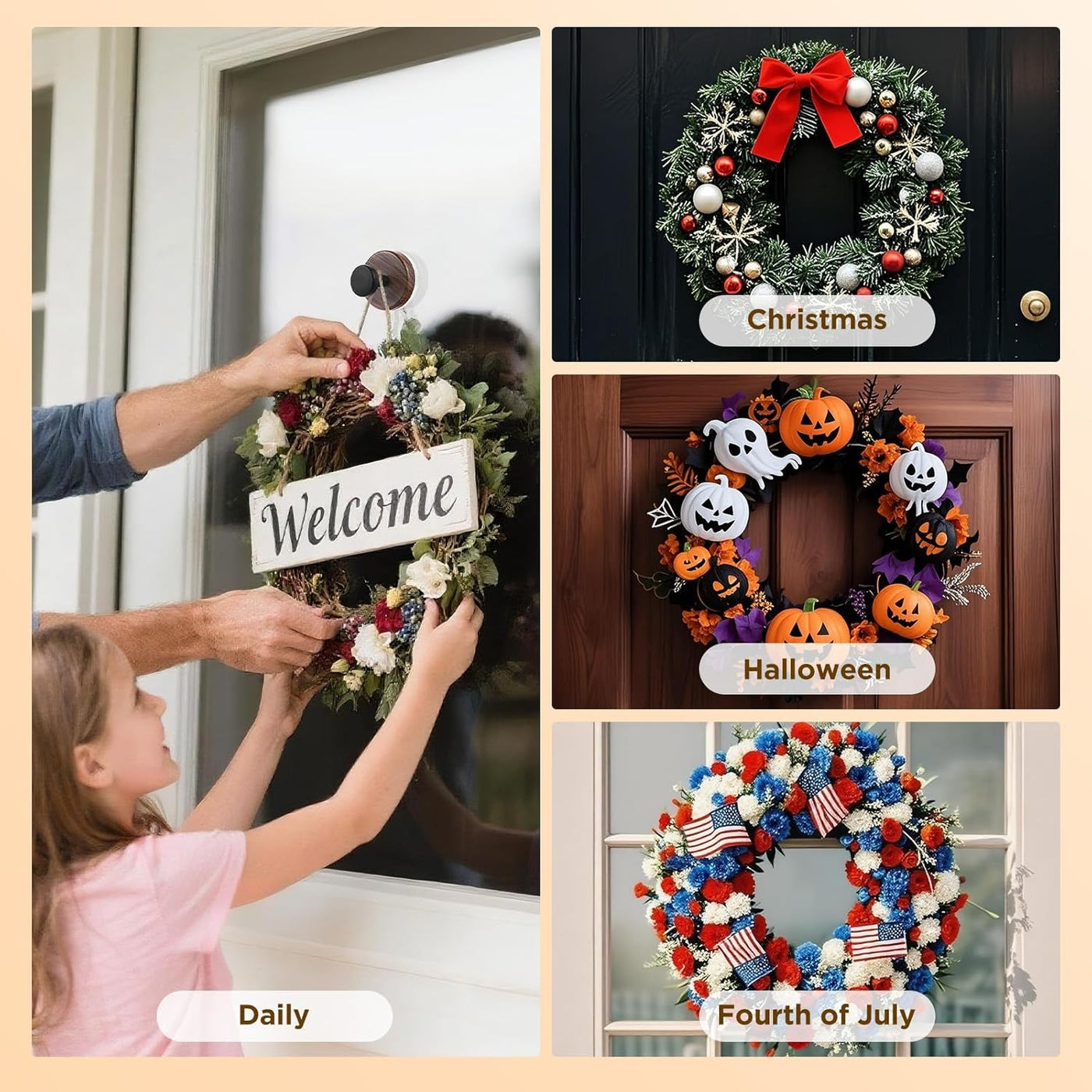 OUTXE Wreath Door Hanger, Decorations Wreath Hangers for Front Door, Adjustable Over The Door Hooks for Hanging Welcome Sign (Walnut, 2-Pack)