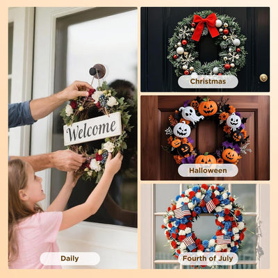 OUTXE Wreath Door Hanger, Decorations Wreath Hangers for Front Door, Adjustable Over The Door Hooks for Hanging Welcome Sign (Walnut, 2-Pack)