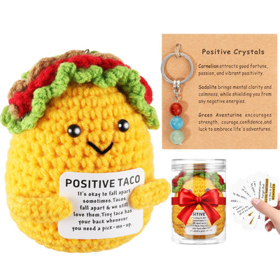 Positive Crochet Taco, with 10 Swappable Cards & Crystal Keychain – Emotional Support Crochet – Birthday Gifts for Women Men Mom Friend Coworkers Teen – Valentines Day Christmas Gifts Easter Basket
