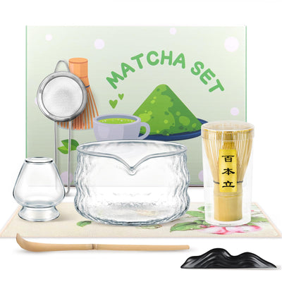 OUTXE Matcha Whisk Set, 7 PCS Matcha Kit for Ceremony, with Clear Matcha Bowl, Spout, Bamboo Whisk& Holder, Stainless Steel Sifter, Japanese Ceremonial Gift for Family/Friend/Macha Lover Starter