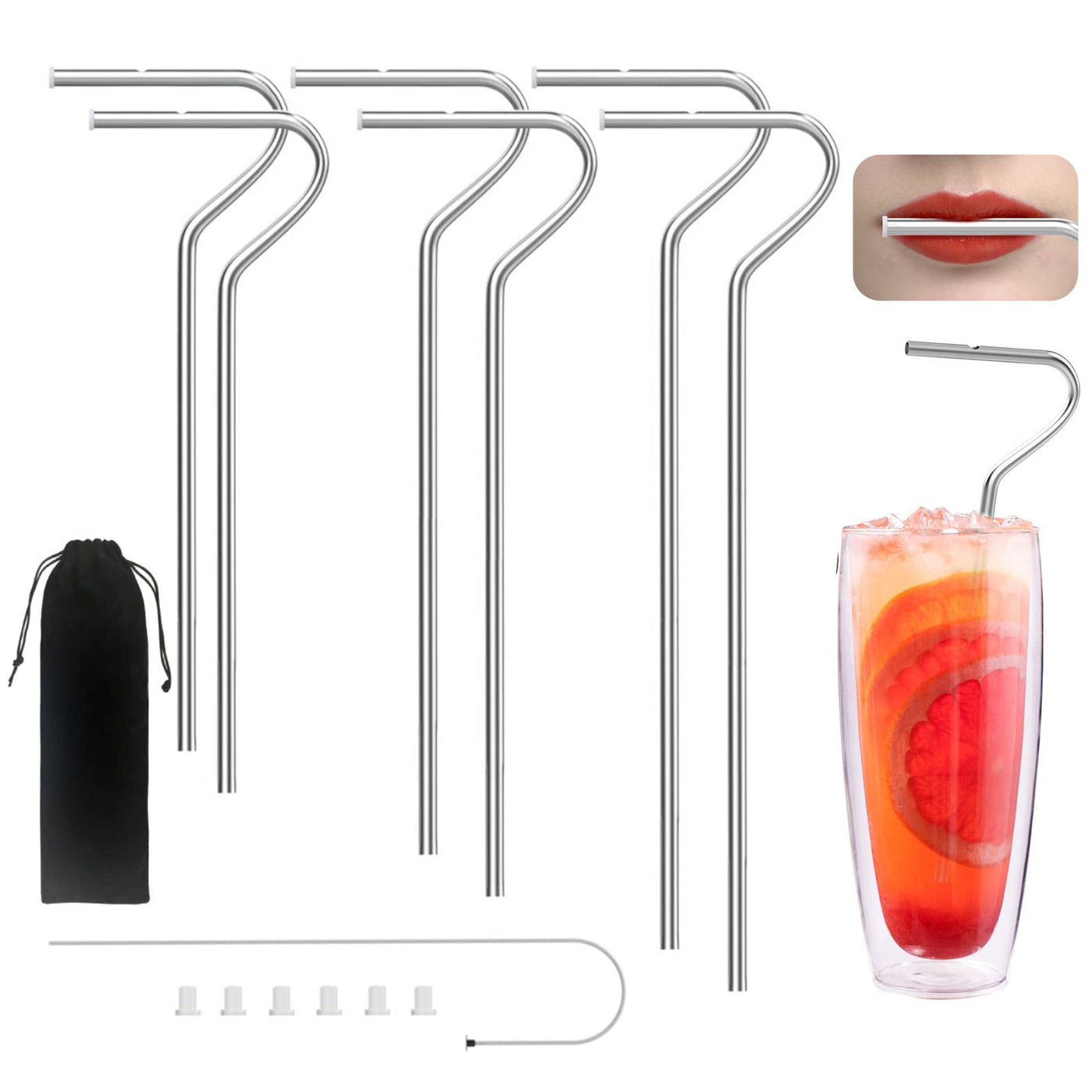 OUTXE Anti Wrinkle Straw 6 Pcs, Reusable Stainless Steel Drinking Straw, Wrinkle Free Long bended Metal Straw for Lip with Cleaning Brush and Carrying Bag, Fit Stanley Cup