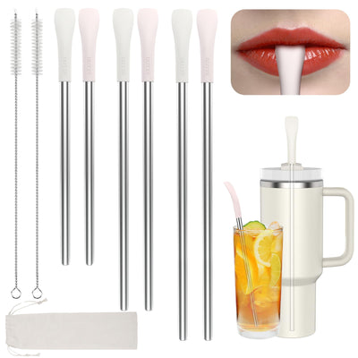OUTXE Anti Wrinkle Straw 6 Pcs, Stainless Steel Drinking Straw for Stanley 40oz 30oz Tumbler, Reusable Wrinkle Free Long Metal Straw for Lip with Cleaning Brush and Carrying Bag