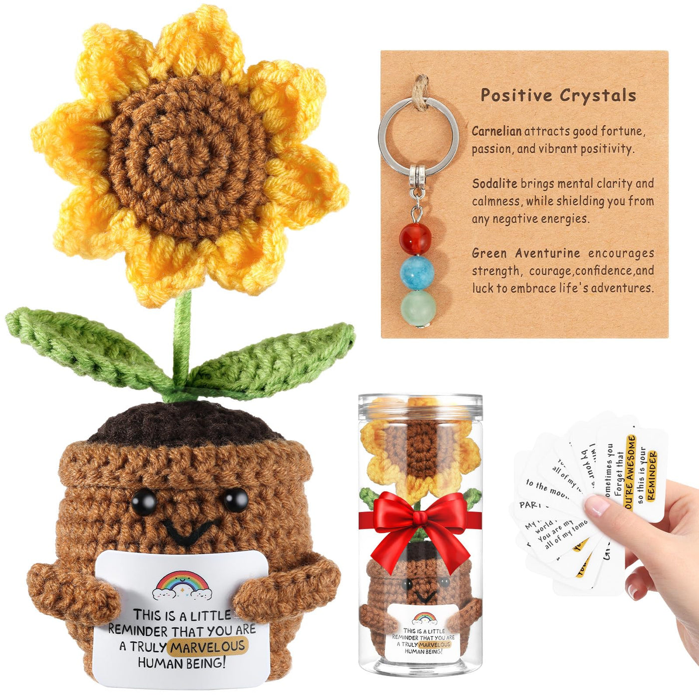 Positive Crochet Taco, with 10 Swappable Cards & Crystal Keychain – Emotional Support Crochet – Birthday Gifts for Women Men Mom Friend Coworkers Teen – Valentines Day Christmas Gifts Easter Basket