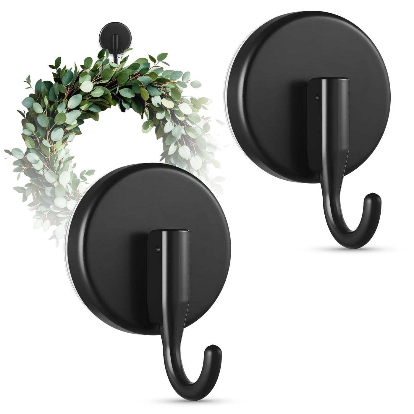 OUTXE Wreath Hanger for Front Door, Upgraded Suction Cup Reef Hook for Glass Window/Over Door, Christmas/Thanksgiving/Halloween/July 4th/Easter/Valentine/Spring/Summer/Fall (Black, 2-Pack)