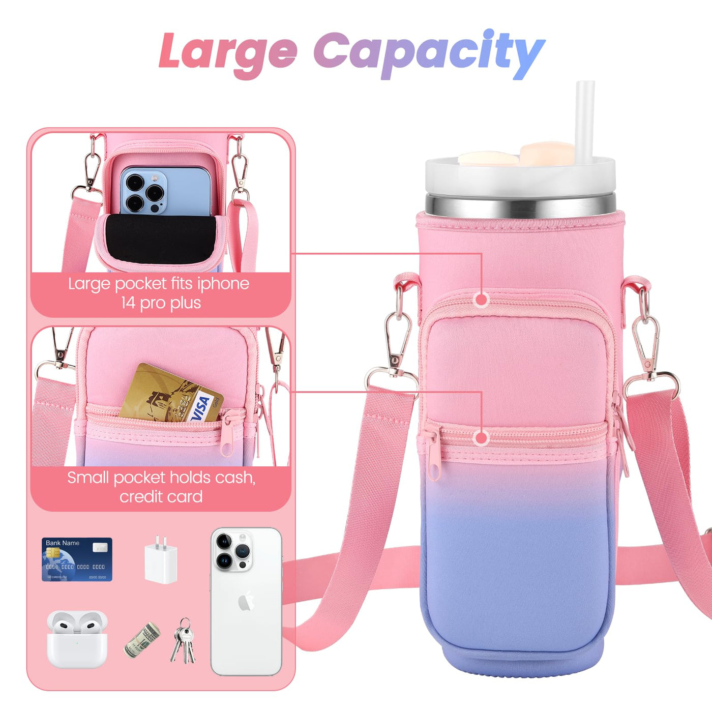 Water Bottle Holder with Strap for Stanley 40oz Tumbler with Handle, Water  Bottle Carrier Bag with Phone Pocket, Tumbler Accessories for Stanley
