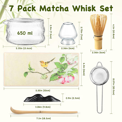 OUTXE Matcha Whisk Set, 7 PCS Matcha Kit for Ceremony, with Clear Matcha Bowl, Spout, Bamboo Whisk& Holder, Stainless Steel Sifter, Japanese Ceremonial Gift for Family/Friend/Macha Lover Starter