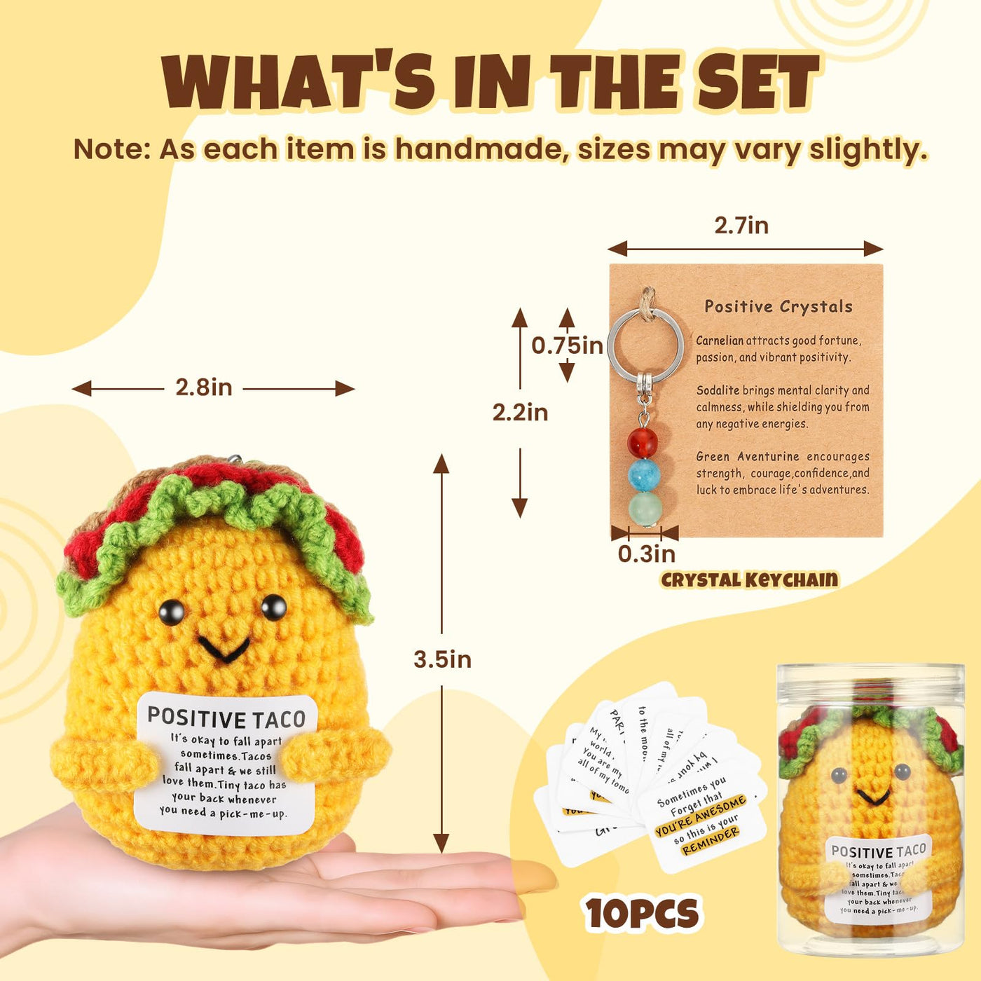 Positive Crochet Taco, with 10 Swappable Cards & Crystal Keychain – Emotional Support Crochet – Birthday Gifts for Women Men Mom Friend Coworkers Teen – Valentines Day Christmas Gifts Easter Basket