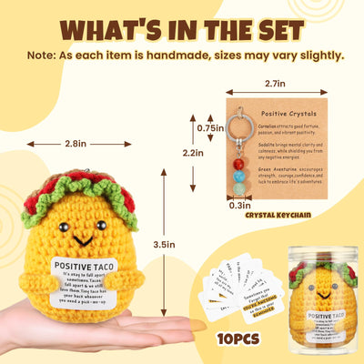 Positive Crochet Taco, with 10 Swappable Cards & Crystal Keychain – Emotional Support Crochet – Birthday Gifts for Women Men Mom Friend Coworkers Teen – Valentines Day Christmas Gifts Easter Basket