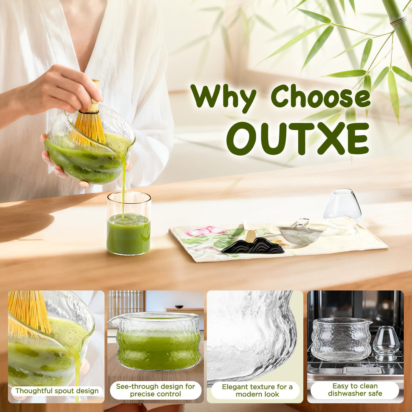 OUTXE Matcha Whisk Set, 7 PCS Matcha Kit for Ceremony, with Clear Matcha Bowl, Spout, Bamboo Whisk& Holder, Stainless Steel Sifter, Japanese Ceremonial Gift for Family/Friend/Macha Lover Starter
