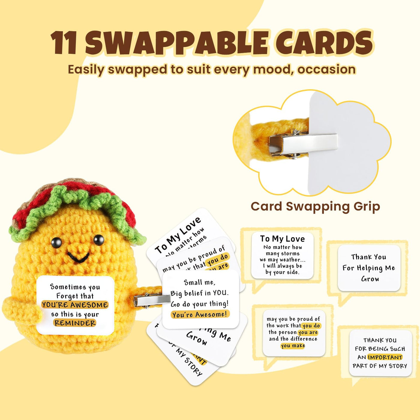 Positive Crochet Taco, with 10 Swappable Cards & Crystal Keychain – Emotional Support Crochet – Birthday Gifts for Women Men Mom Friend Coworkers Teen – Valentines Day Christmas Gifts Easter Basket