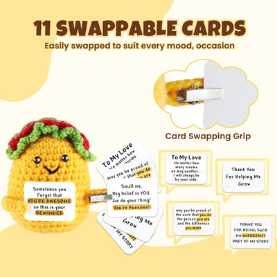 Positive Crochet Taco, with 10 Swappable Cards & Crystal Keychain – Emotional Support Crochet – Birthday Gifts for Women Men Mom Friend Coworkers Teen – Valentines Day Christmas Gifts Easter Basket