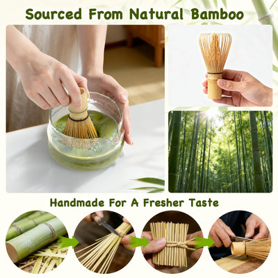 OUTXE Matcha Whisk Set, 7 PCS Matcha Kit for Ceremony, with Clear Matcha Bowl, Spout, Bamboo Whisk& Holder, Stainless Steel Sifter, Japanese Ceremonial Gift for Family/Friend/Macha Lover Starter