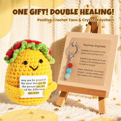 Positive Crochet Taco, with 10 Swappable Cards & Crystal Keychain – Emotional Support Crochet – Birthday Gifts for Women Men Mom Friend Coworkers Teen – Valentines Day Christmas Gifts Easter Basket