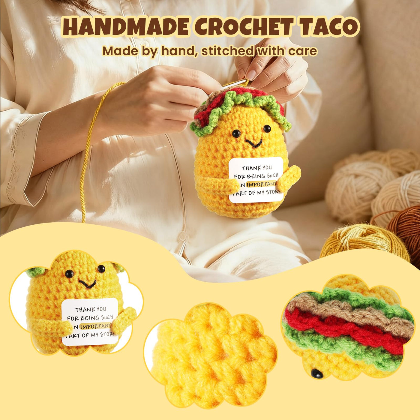 Positive Crochet Taco, with 10 Swappable Cards & Crystal Keychain – Emotional Support Crochet – Birthday Gifts for Women Men Mom Friend Coworkers Teen – Valentines Day Christmas Gifts Easter Basket
