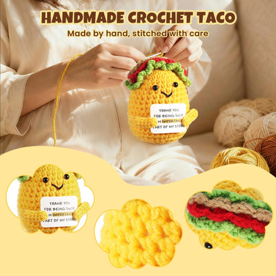 Positive Crochet Taco, with 10 Swappable Cards & Crystal Keychain – Emotional Support Crochet – Birthday Gifts for Women Men Mom Friend Coworkers Teen – Valentines Day Christmas Gifts Easter Basket