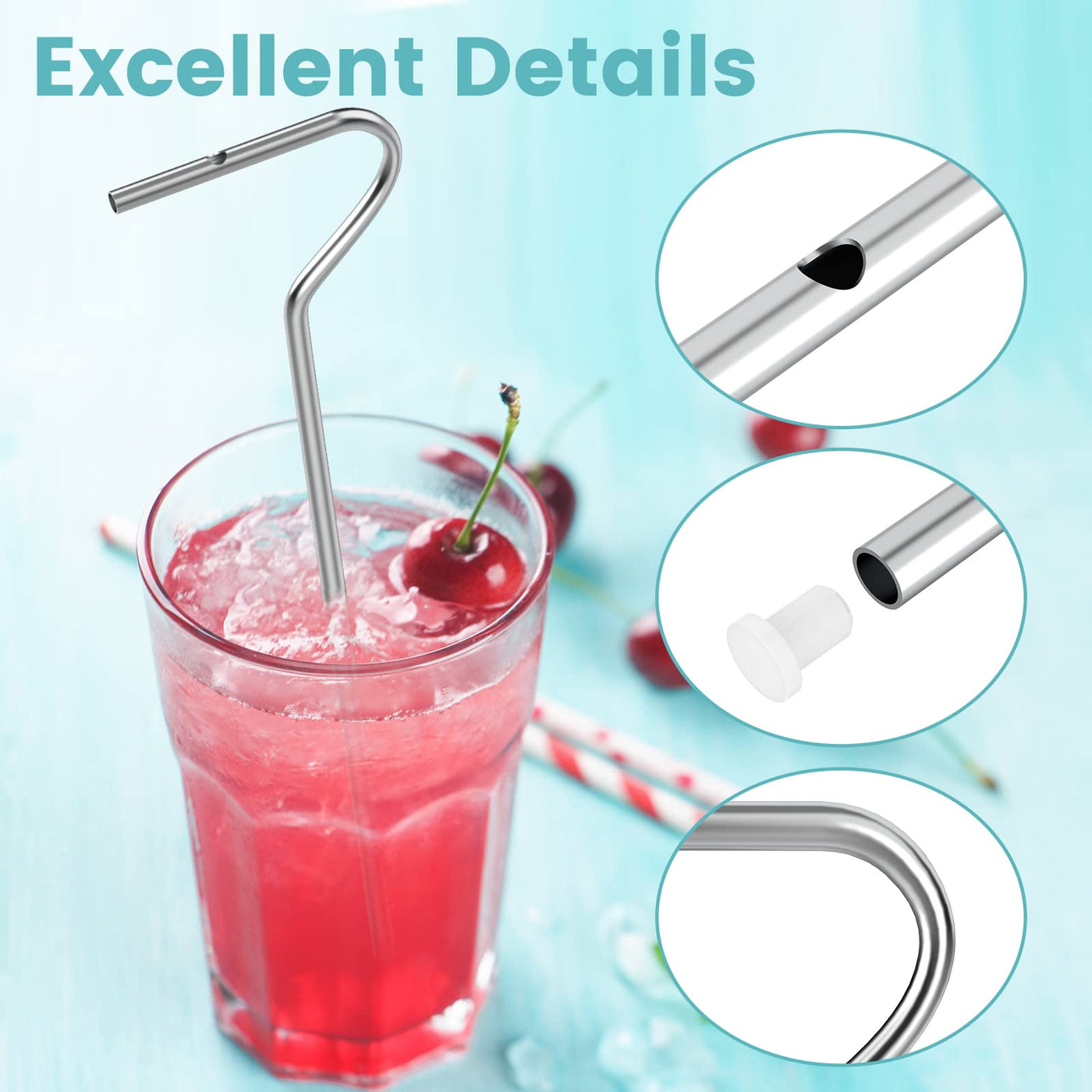 OUTXE Anti Wrinkle Straw 6 Pcs, Reusable Stainless Steel Drinking Straw, Wrinkle Free Long bended Metal Straw for Lip with Cleaning Brush and Carrying Bag, Fit Stanley Cup