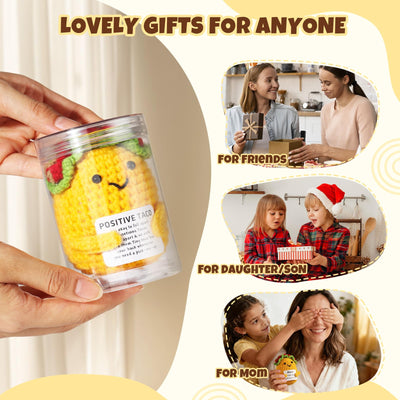 Positive Crochet Taco, with 10 Swappable Cards & Crystal Keychain – Emotional Support Crochet – Birthday Gifts for Women Men Mom Friend Coworkers Teen – Valentines Day Christmas Gifts Easter Basket