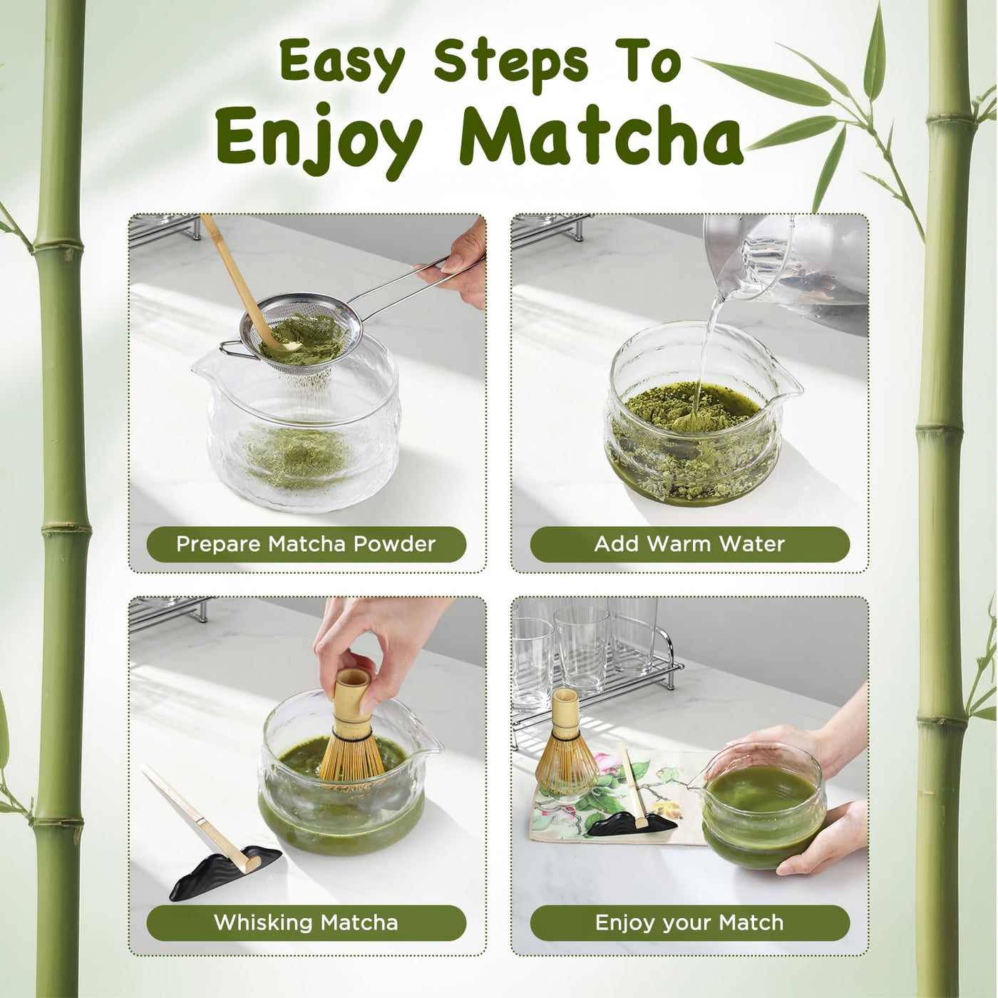 OUTXE Matcha Whisk Set, 7 PCS Matcha Kit for Ceremony, with Clear Matcha Bowl, Spout, Bamboo Whisk& Holder, Stainless Steel Sifter, Japanese Ceremonial Gift for Family/Friend/Macha Lover Starter