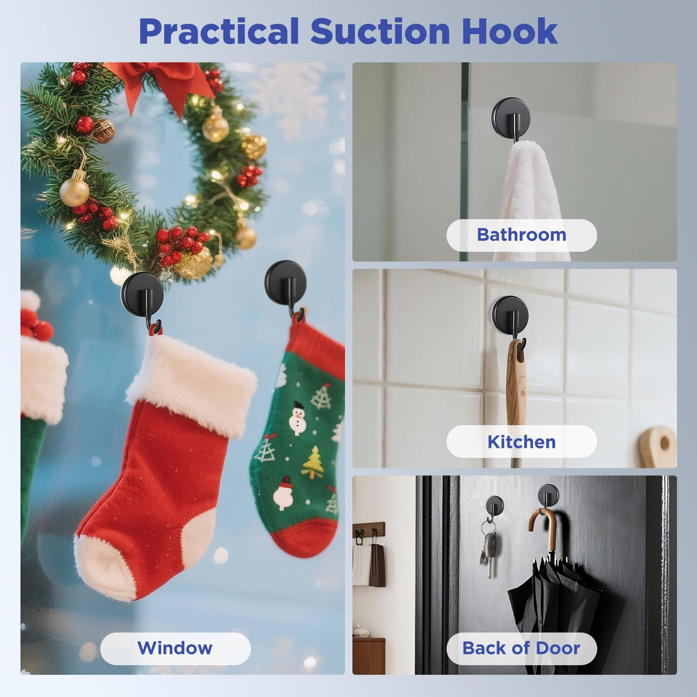 OUTXE Wreath Hanger for Front Door, Upgraded Suction Cup Reef Hook for Glass Window/Over Door, Christmas/Thanksgiving/Halloween/July 4th/Easter/Valentine/Spring/Summer/Fall (Black, 2-Pack)