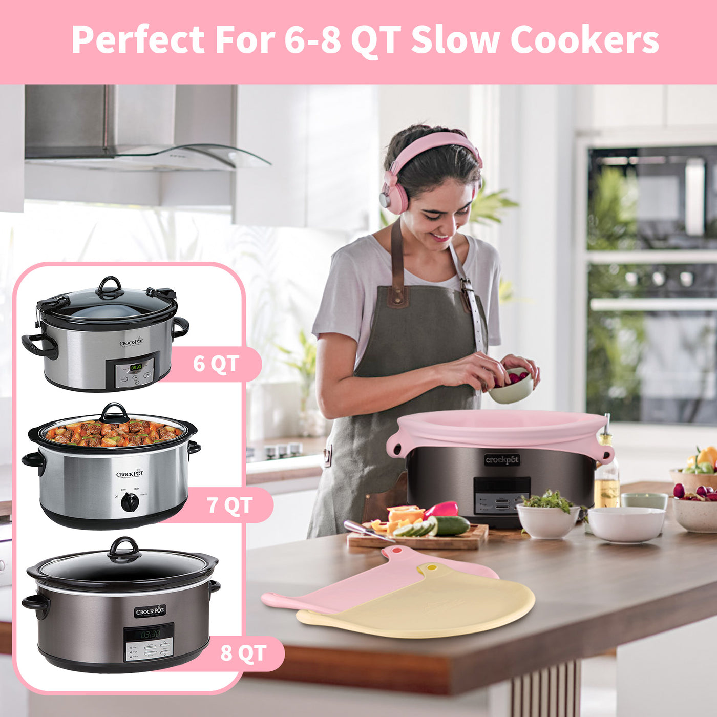 OUTXE 3 Pack Silicone Slow Cooker Liners, Reusable Fit 6-8 Quarts Croc