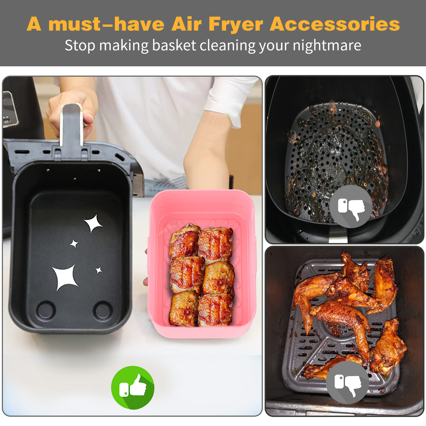 Collapsible Silicone Air Fryer Liners, Rectangular Air Fryer Silicone Pot, Reusable Silicone Air Fryer Basket for Ninja Foodi Dual Dz201/dz401, Adult