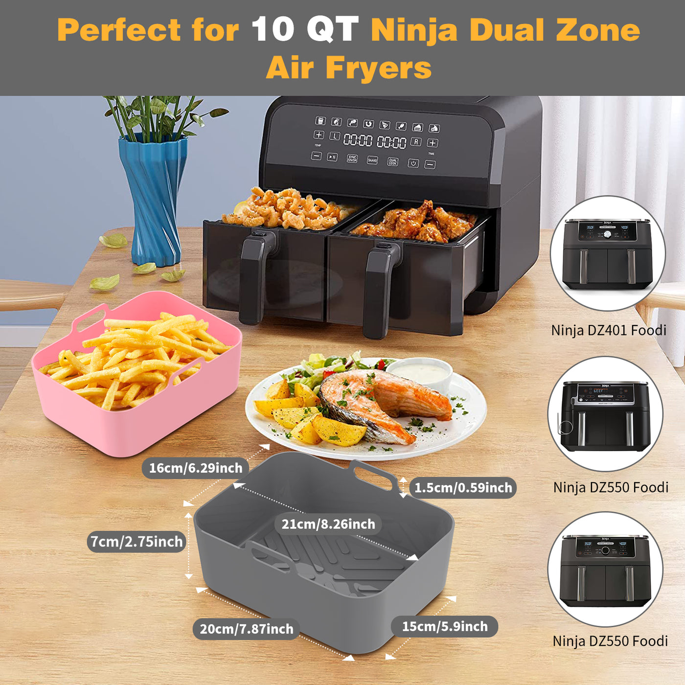 OUTXE 2-Pack 10 QT Silicone Air Fryer Liners for Ninja Dual Zone DZ401/DZ550, Reusable Rectangle Air Fryers Silicone Pot Inserts for Oven Microwave Accessories (Grey+Pink)
