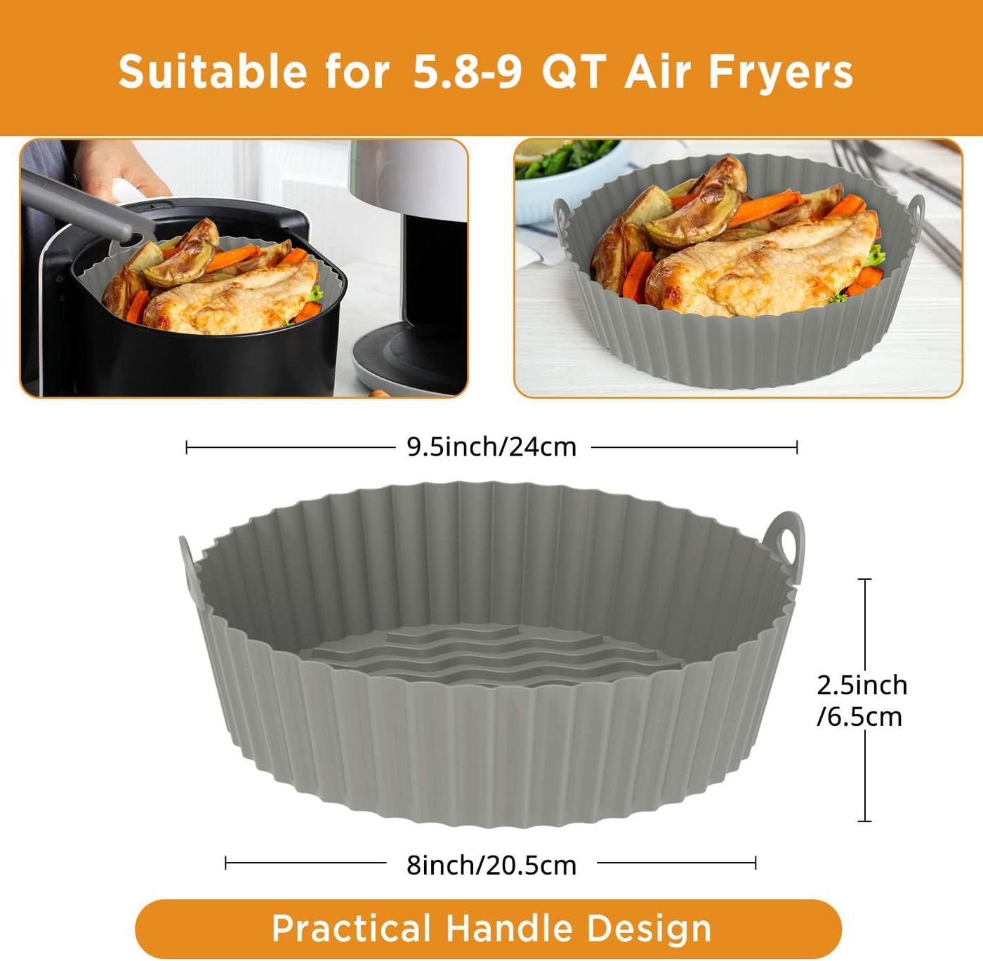 OUTXE Silicone Air Fryer Liners, 2-Pack Reusable Airfryer Basket Tray Accessories Round Compatible With Ninja Cosori Gourmia Instant Pot 5.8/6/7/8/9 qt (Blue+Gray)